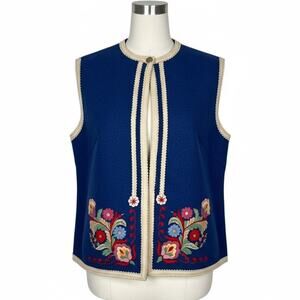 Vintage 70's Hungarian Folk Wool Vest Blue Embroidered Floral Trimmed medium